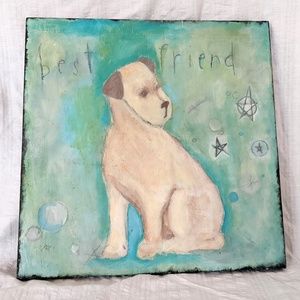 Painting  Art by Keri Judd 'BEST FRIEND' Terrier dog Stars Blues Green 12x12